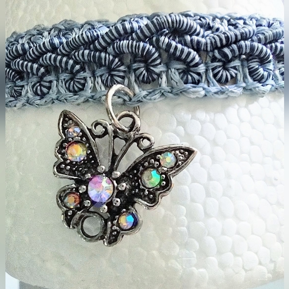 Blue Gimp Fabric Choker w/ Silver Butterfly AB Stones